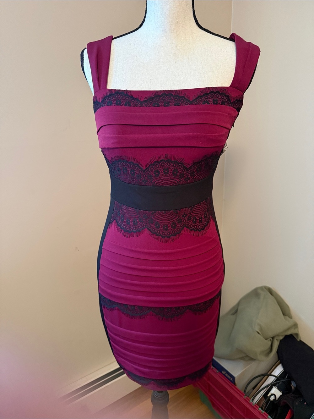 Jax Wine and Black Lace-Trim Sheath Dress
